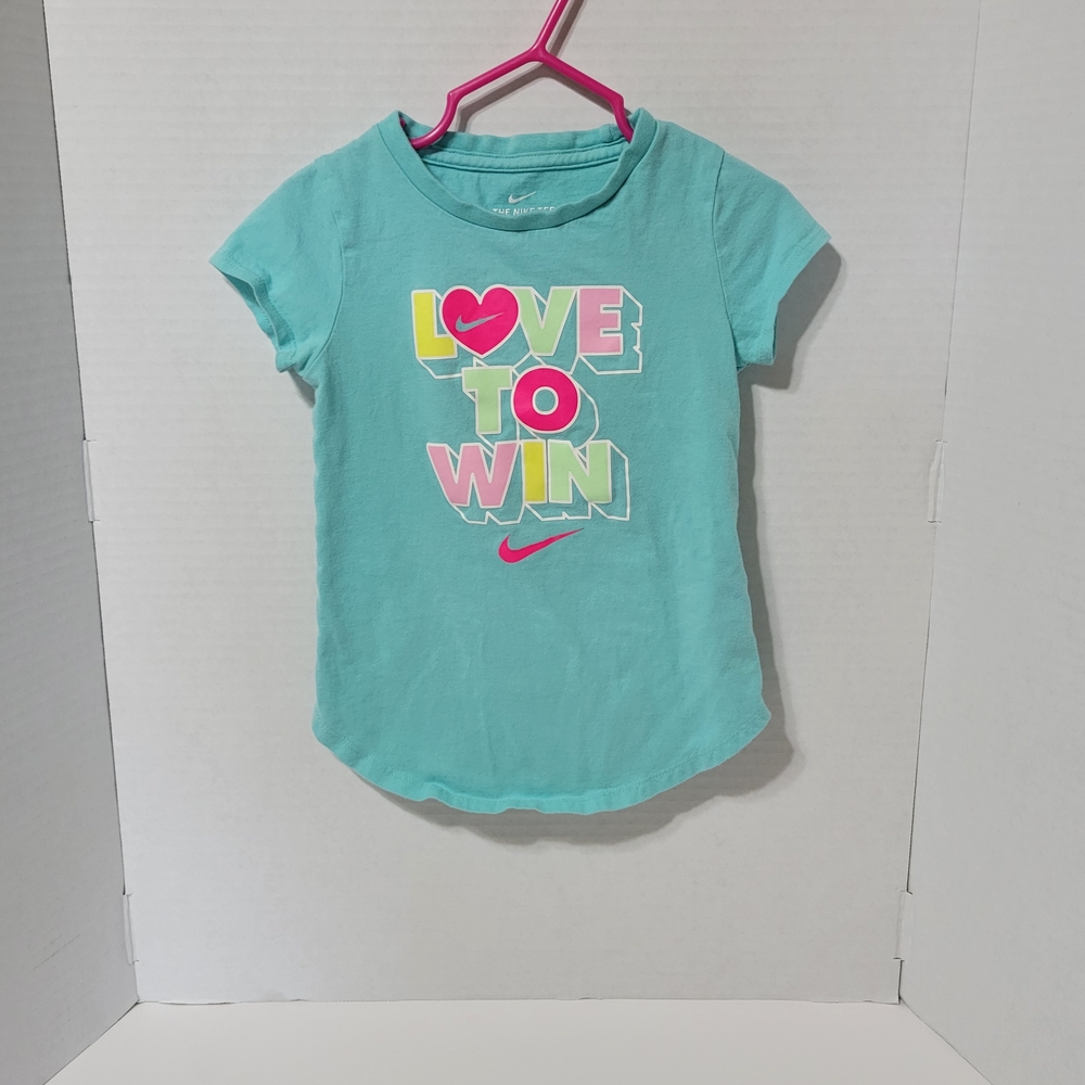 Nike Girls “Love to Win” Graphic Tee Aqua Blue Size 4T
